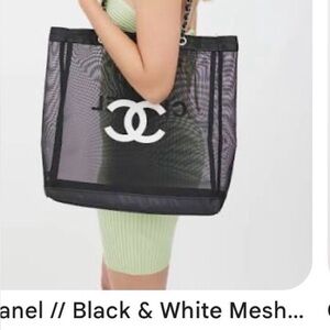 CHANEL Black  Mesh Tote with Chain Straps and cosmetic pouch